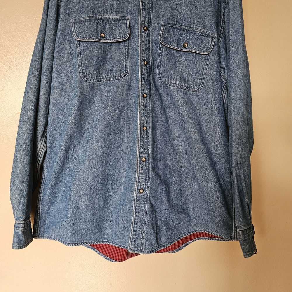 VTG LL Bean Denim Red Check Flannel Lined Shirt Jacket XLT USA Heritage Workwear - Picture 4 of 11